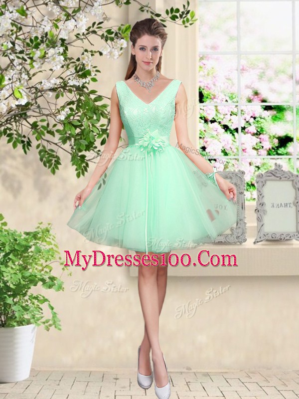 Beauteous Apple Green Bridesmaids Dress Prom and Party with Lace and Belt V-neck Sleeveless Lace Up