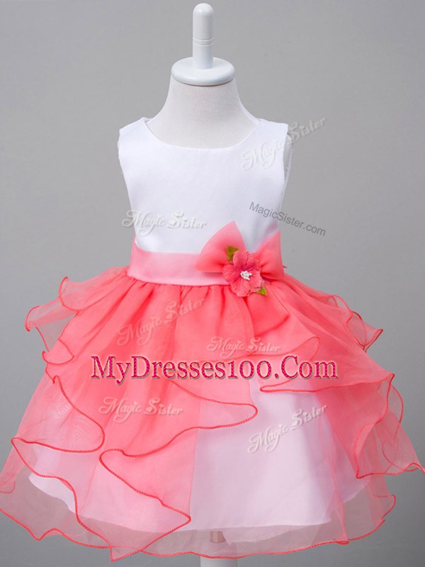 Cute Sleeveless Organza Knee Length Zipper Little Girls Pageant Dress Wholesale in White And Red with Ruffles and Bowknot