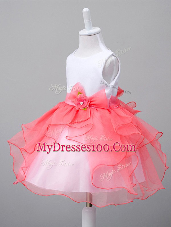 Cute Sleeveless Organza Knee Length Zipper Little Girls Pageant Dress Wholesale in White And Red with Ruffles and Bowknot