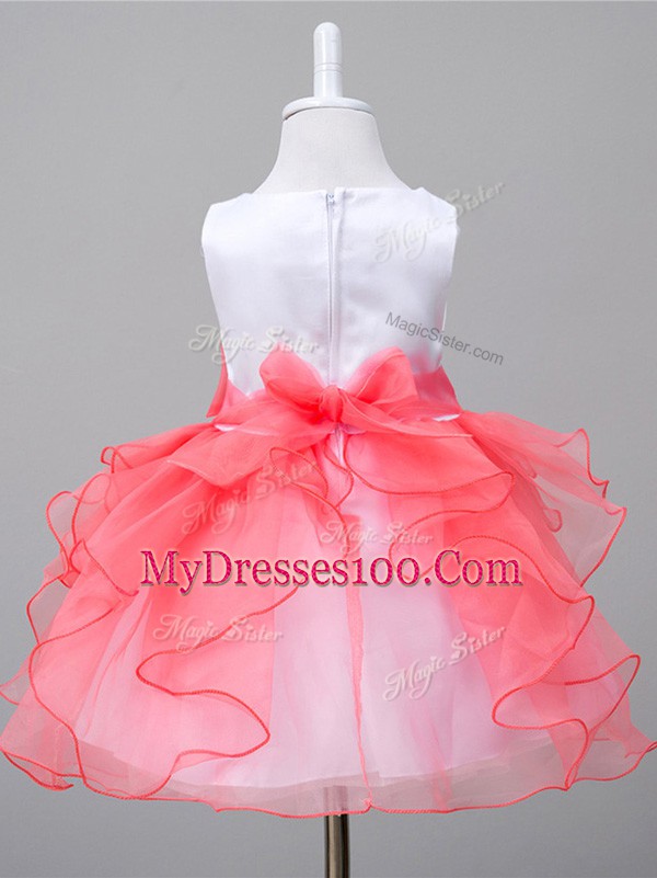 Cute Sleeveless Organza Knee Length Zipper Little Girls Pageant Dress Wholesale in White And Red with Ruffles and Bowknot