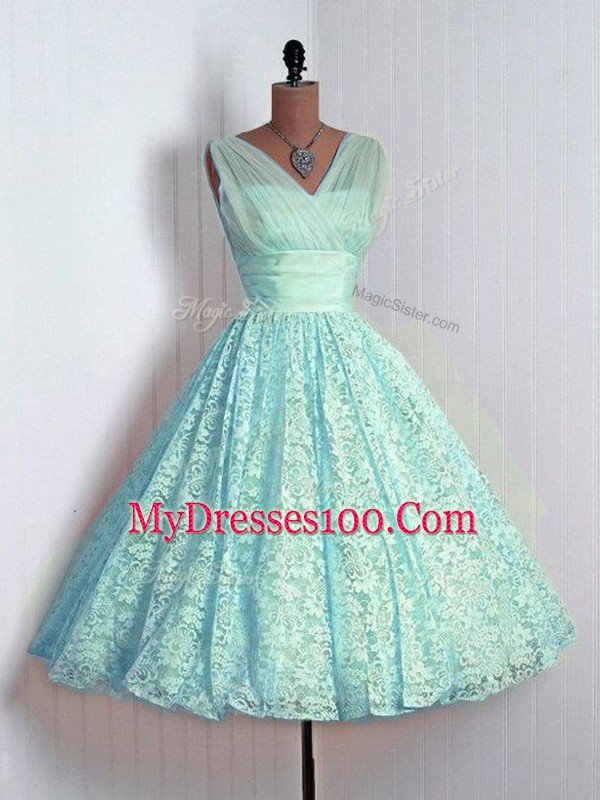Aqua Blue Dama Dress for Quinceanera Prom and Party with Lace V-neck Sleeveless Lace Up