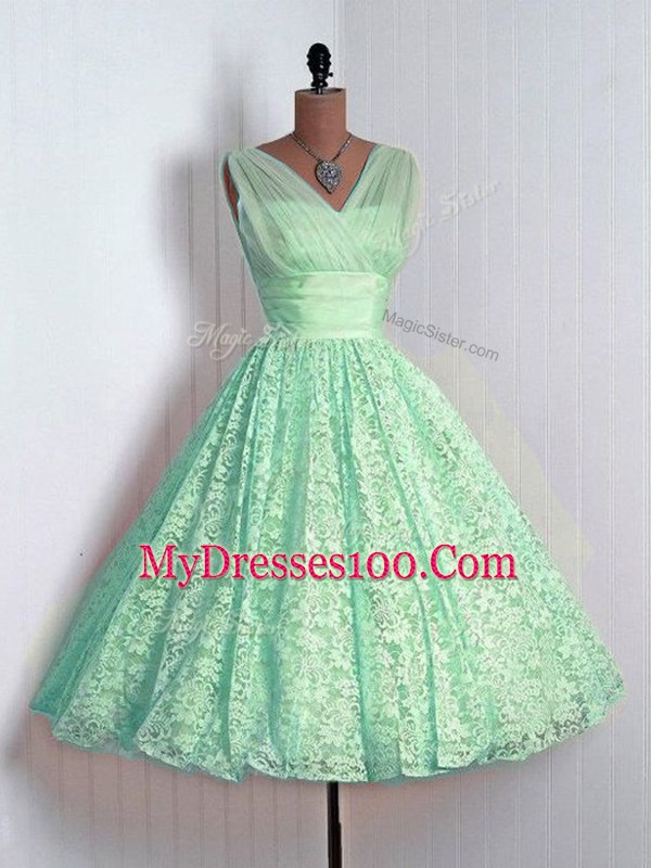 Decent A-line Quinceanera Court of Honor Dress Apple Green V-neck Lace Sleeveless Mini Length Lace Up