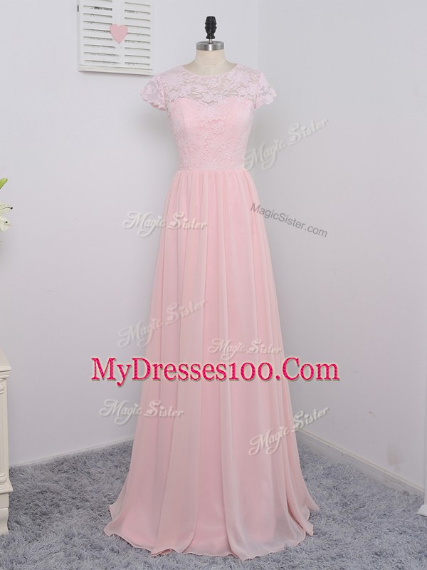 Sophisticated Scoop Cap Sleeves Chiffon Bridesmaids Dress Lace Zipper