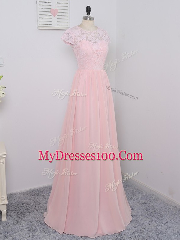 Sophisticated Scoop Cap Sleeves Chiffon Bridesmaids Dress Lace Zipper