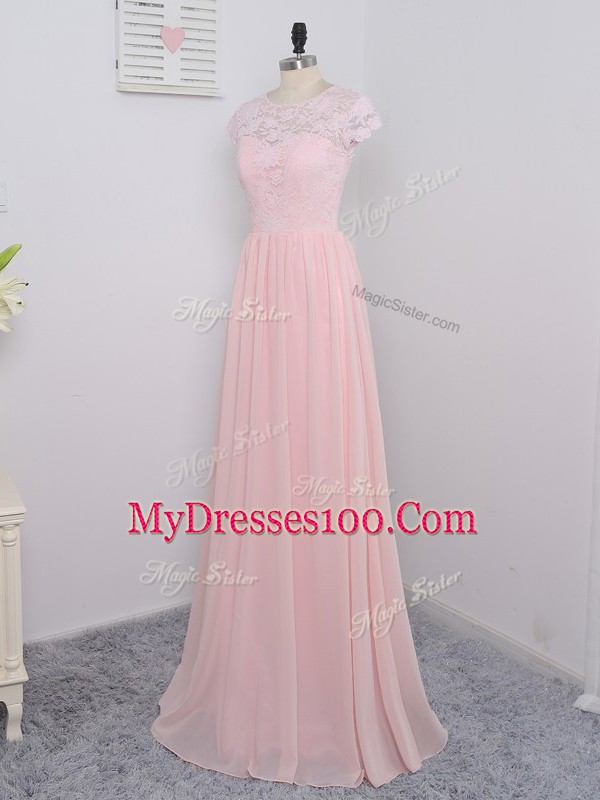 Sophisticated Scoop Cap Sleeves Chiffon Bridesmaids Dress Lace Zipper