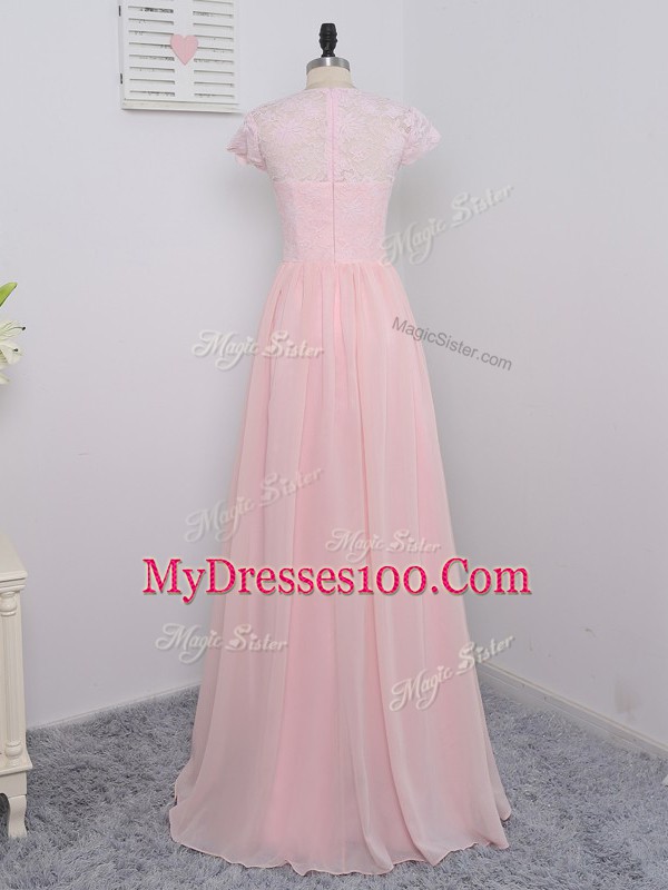 Sophisticated Scoop Cap Sleeves Chiffon Bridesmaids Dress Lace Zipper