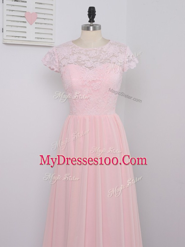 Sophisticated Scoop Cap Sleeves Chiffon Bridesmaids Dress Lace Zipper