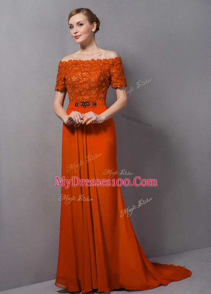 Orange Chiffon Zipper Mother of Bride Dresses Short Sleeves Sweep Train Lace
