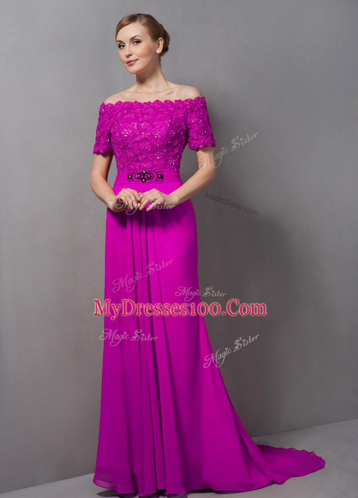 Best Selling Fuchsia Zipper Mother Dresses Lace Short Sleeves Sweep Train