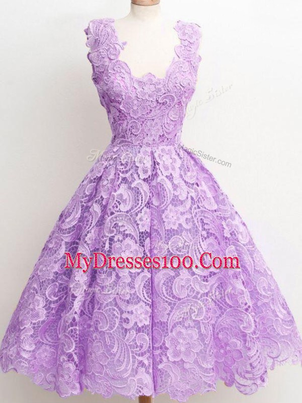 Adorable Straps Sleeveless Zipper Wedding Guest Dresses Lavender Lace