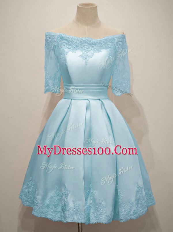 Elegant Light Blue Taffeta Lace Up Off The Shoulder Half Sleeves Knee Length Dama Dress Lace