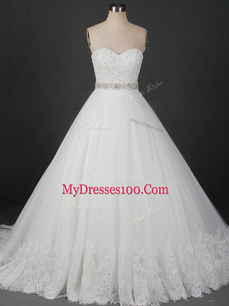 Charming White Sleeveless Beading and Lace Lace Up Bridal Gown