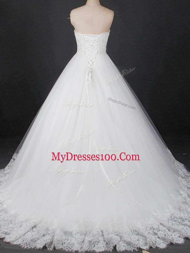 Charming White Sleeveless Beading and Lace Lace Up Bridal Gown