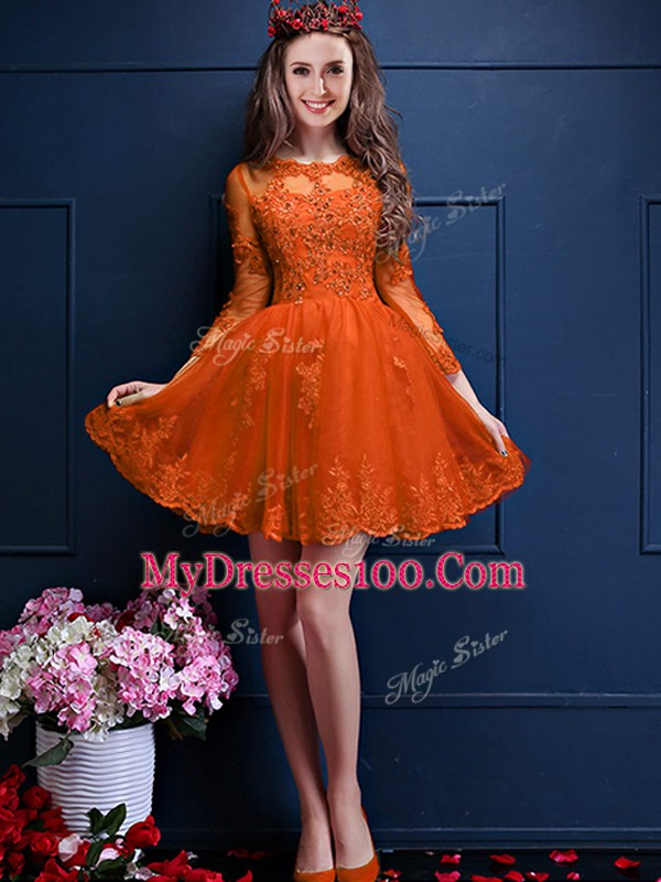 A-line Bridesmaid Gown Orange Red Scalloped Chiffon 3 4 Length Sleeve Mini Length Lace Up