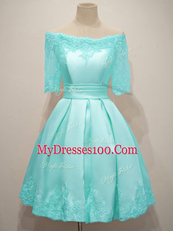 Inexpensive Aqua Blue Off The Shoulder Lace Up Lace Wedding Guest Dresses Half Sleeves