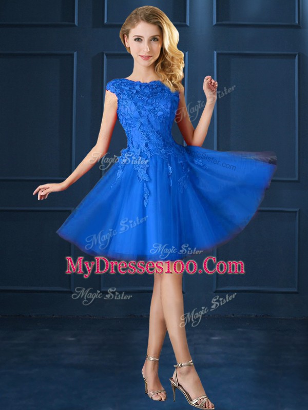 Knee Length Blue Wedding Party Dress Bateau Cap Sleeves Lace Up