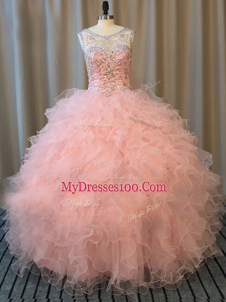 Floor Length Pink Quinceanera Dresses Scoop Sleeveless Lace Up