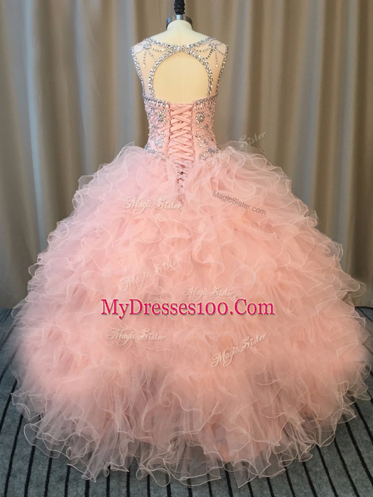 Floor Length Pink Quinceanera Dresses Scoop Sleeveless Lace Up