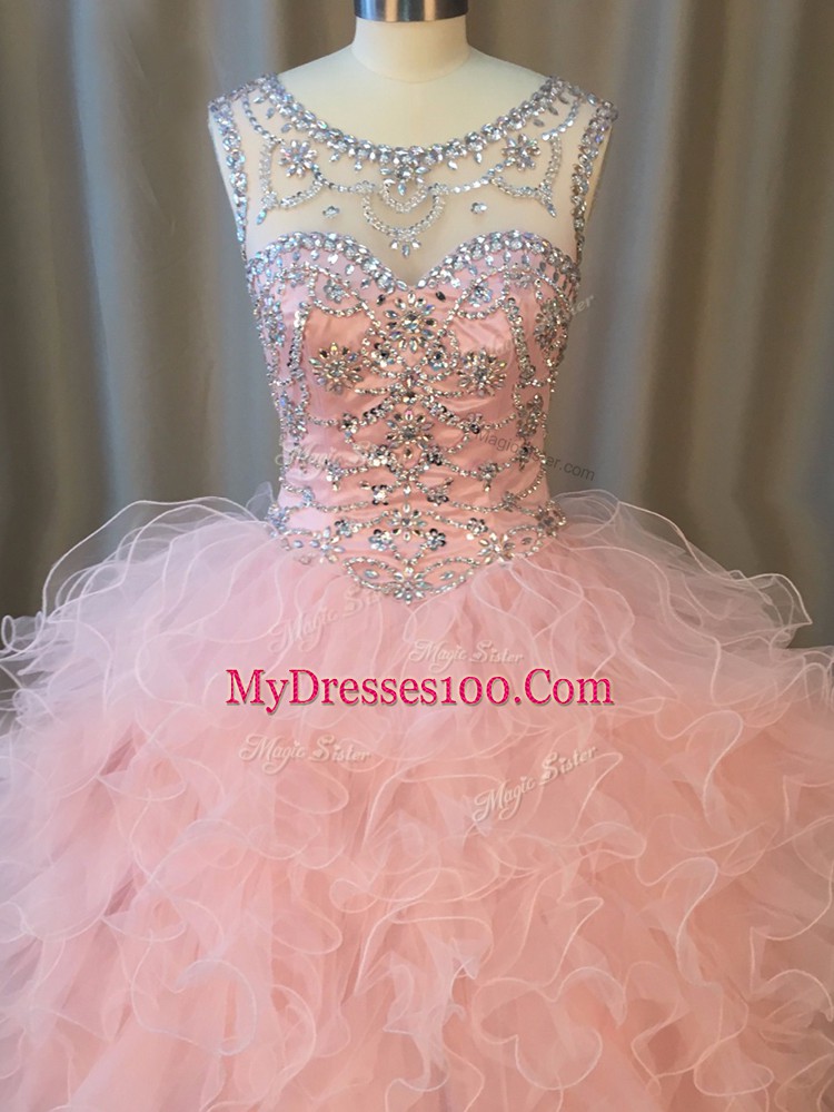 Floor Length Pink Quinceanera Dresses Scoop Sleeveless Lace Up