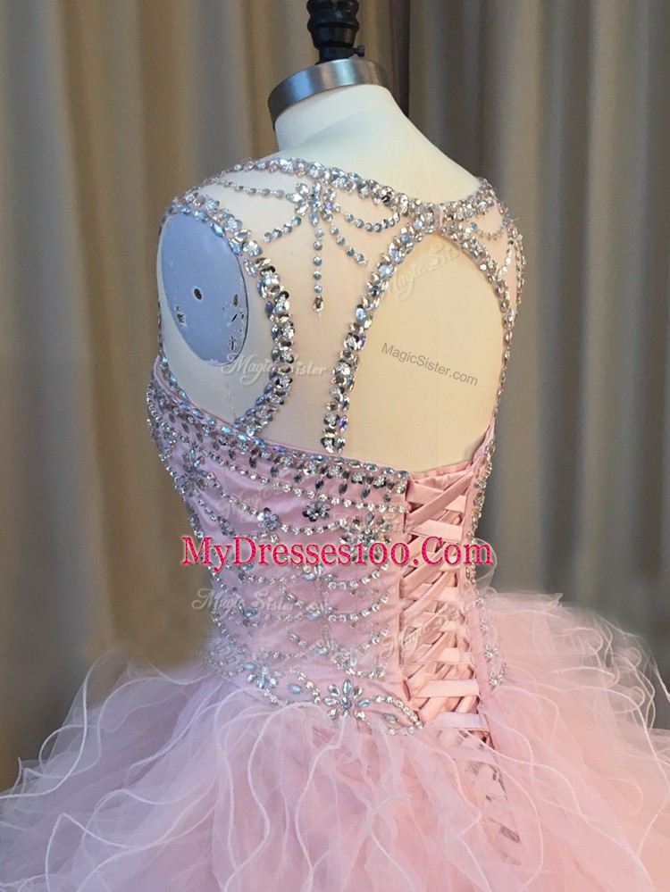 Floor Length Pink Quinceanera Dresses Scoop Sleeveless Lace Up