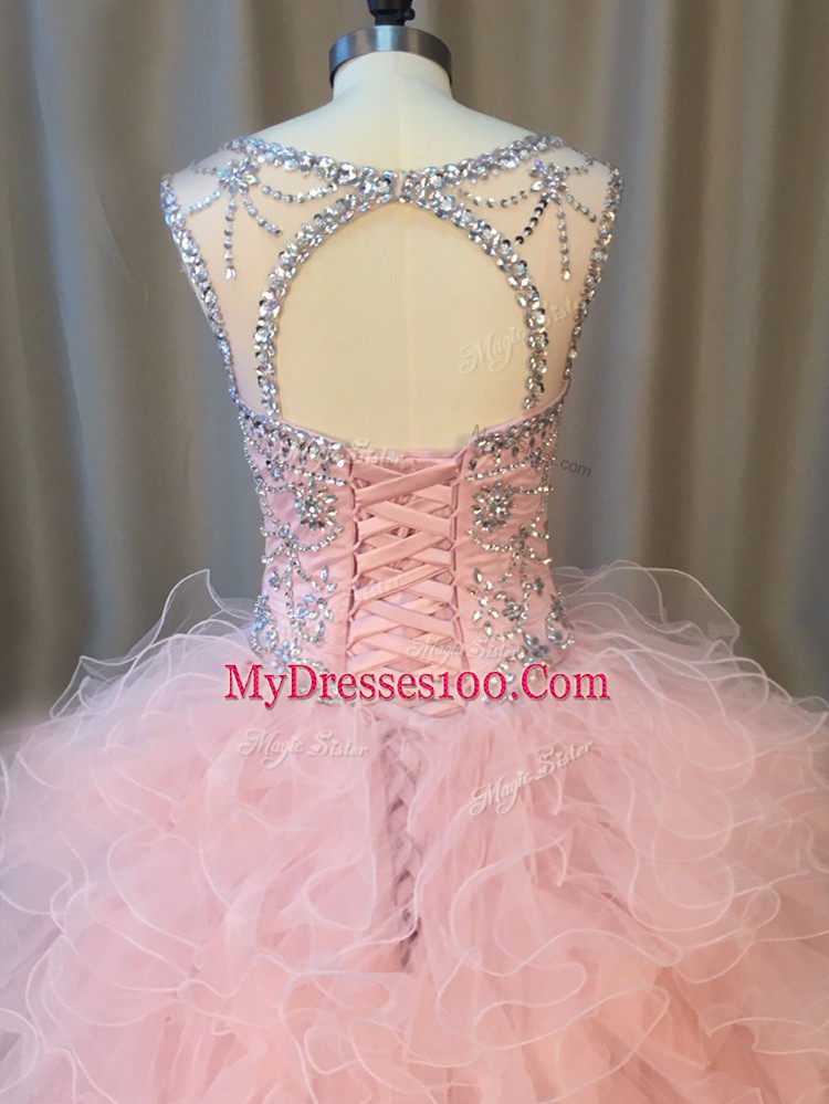 Floor Length Pink Quinceanera Dresses Scoop Sleeveless Lace Up