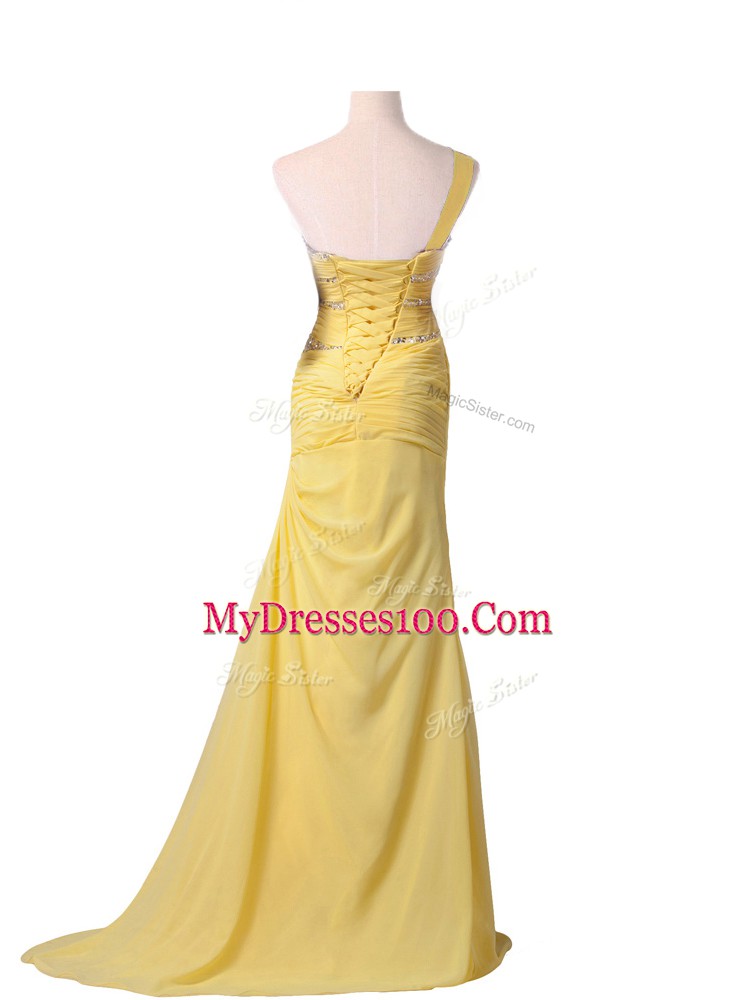 Sleeveless Brush Train Lace Up Beading and Ruching