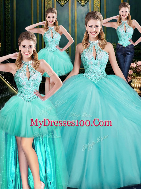 Best Aqua Blue Ball Gowns Halter Top Sleeveless Tulle Floor Length Lace Up Beading and Pick Ups Ball Gown Prom Dress