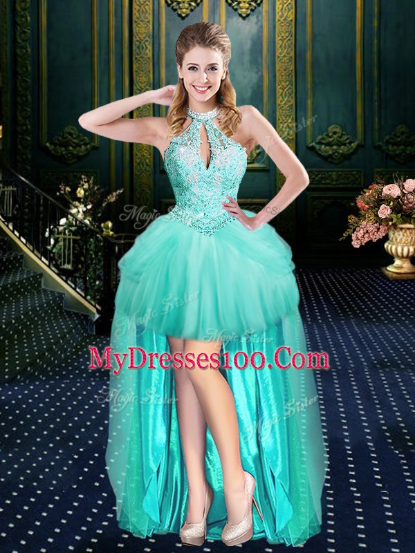 Best Aqua Blue Ball Gowns Halter Top Sleeveless Tulle Floor Length Lace Up Beading and Pick Ups Ball Gown Prom Dress