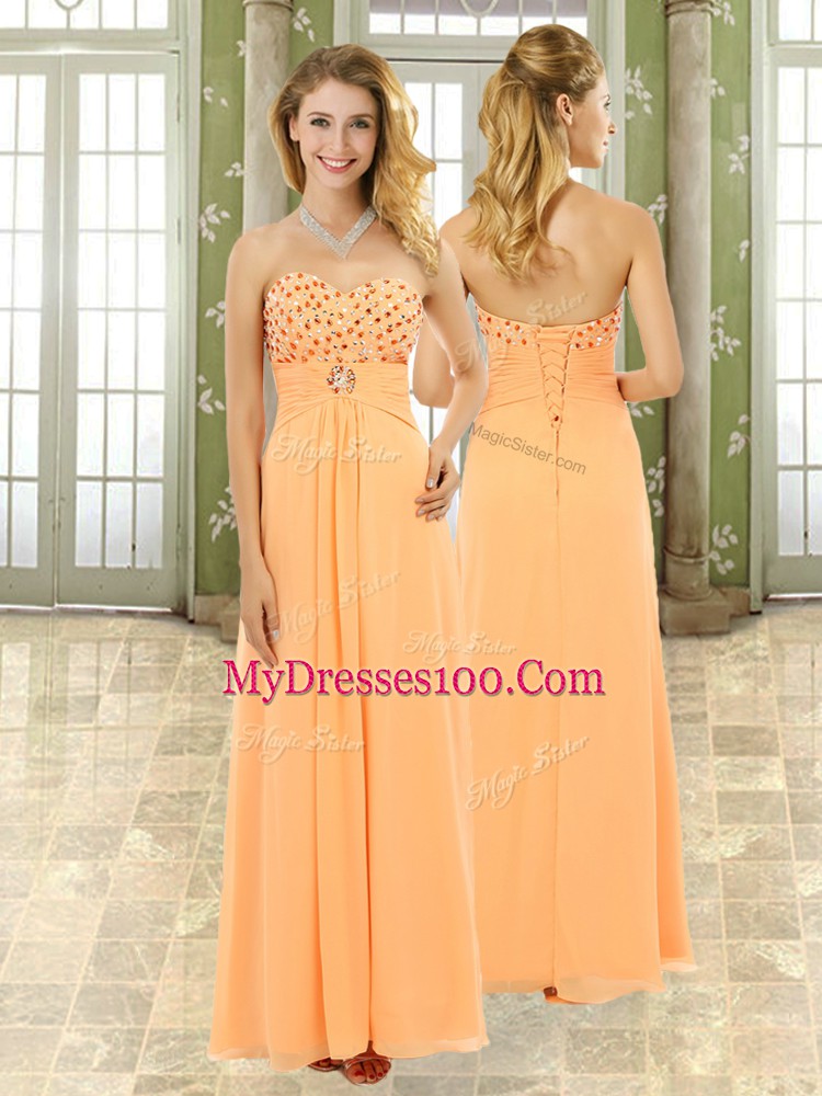 Custom Designed Orange Empire Beading and Ruffles Lace Up Chiffon Sleeveless Floor Length