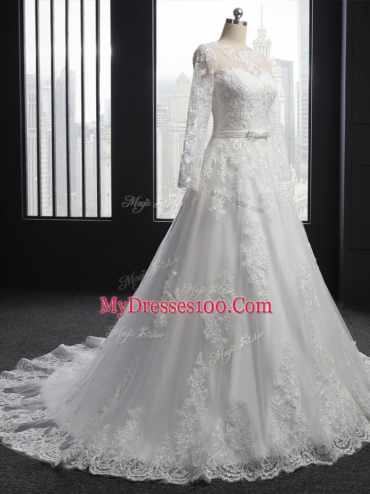 White Scoop Lace Up Lace Wedding Gowns Brush Train Long Sleeves