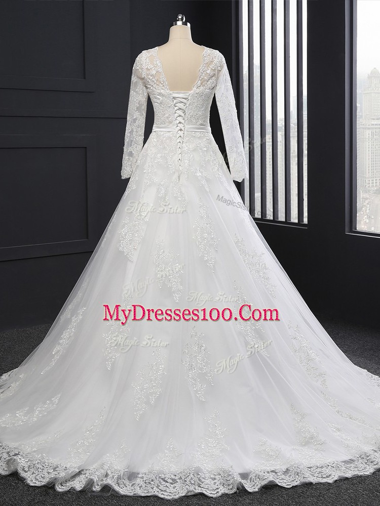 White Scoop Lace Up Lace Wedding Gowns Brush Train Long Sleeves