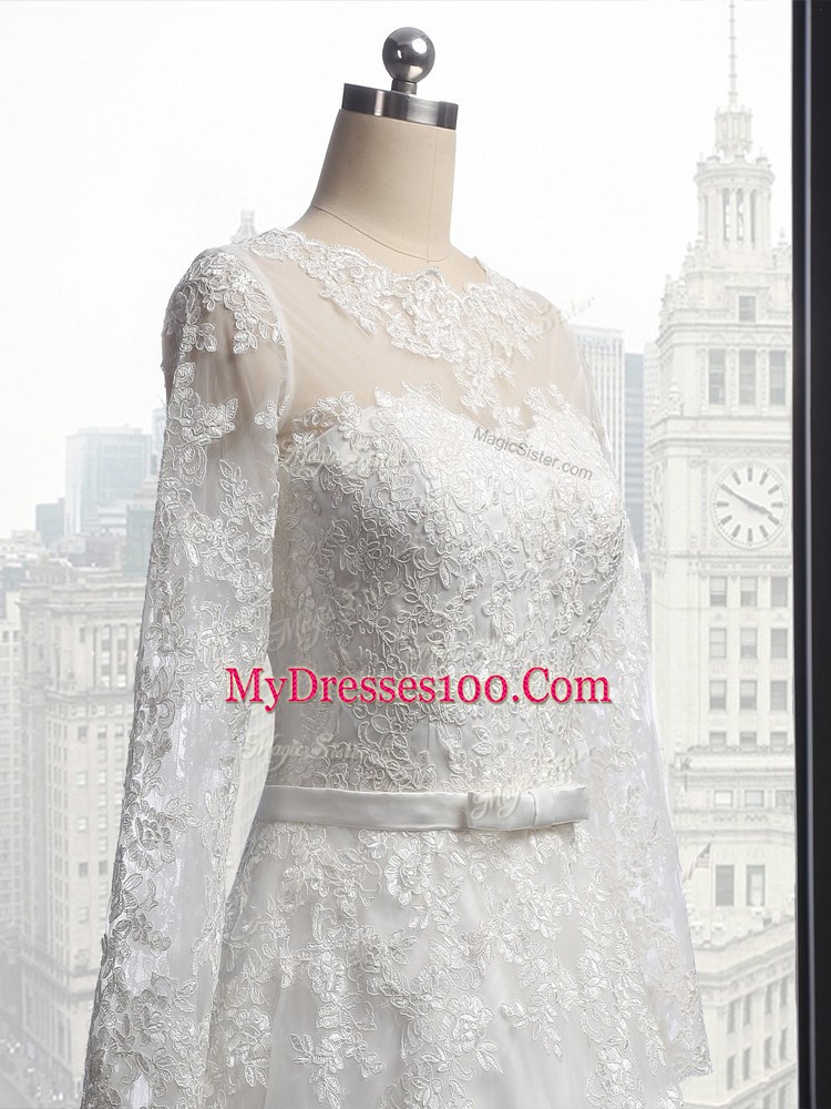 White Scoop Lace Up Lace Wedding Gowns Brush Train Long Sleeves