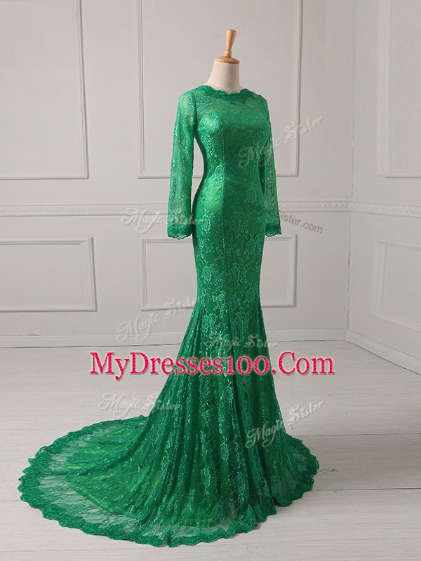 Long Sleeves Lace Zipper Mother Of The Bride Dress with Green Brush Train