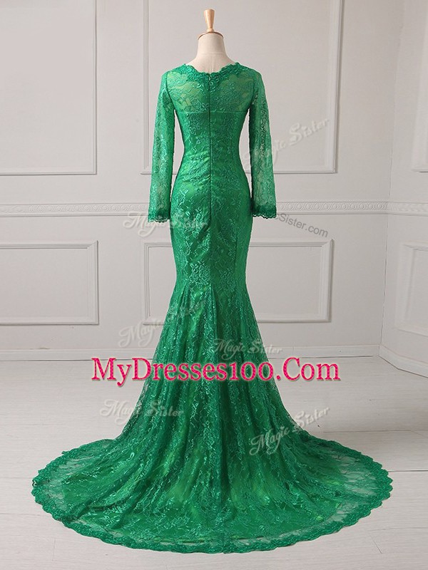 Long Sleeves Lace Zipper Mother Of The Bride Dress with Green Brush Train