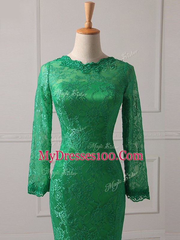 Long Sleeves Lace Zipper Mother Of The Bride Dress with Green Brush Train