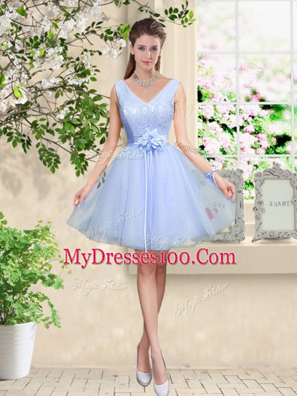 Dramatic Lace and Belt Quinceanera Court of Honor Dress Lavender Lace Up Sleeveless Knee Length