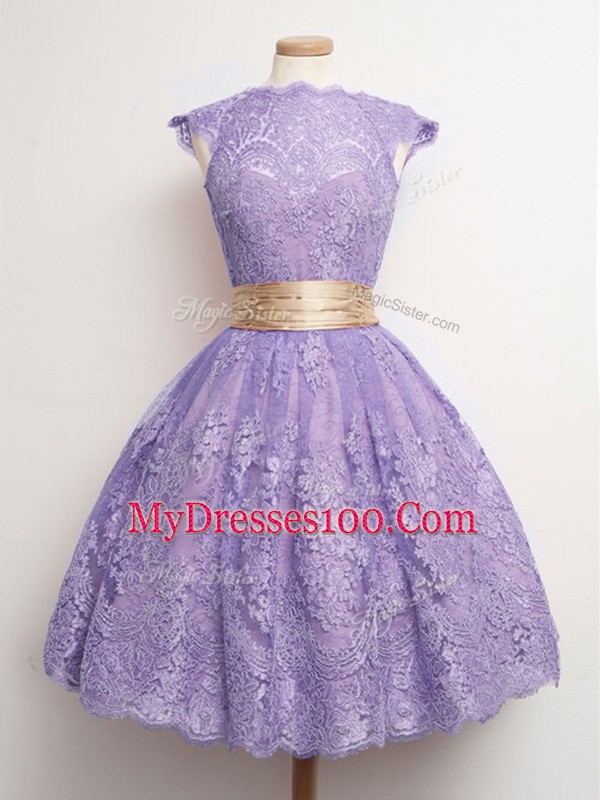 Lavender Ball Gowns High-neck Cap Sleeves Lace Knee Length Lace Up Belt Quinceanera Dama Dress