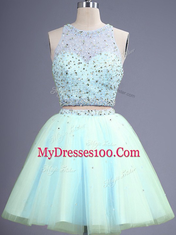 Amazing Light Blue Two Pieces Scoop Sleeveless Tulle Knee Length Zipper Beading Bridesmaids Dress