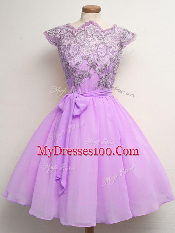 Lilac Lace Up Quinceanera Court Dresses Lace and Belt Cap Sleeves Knee Length