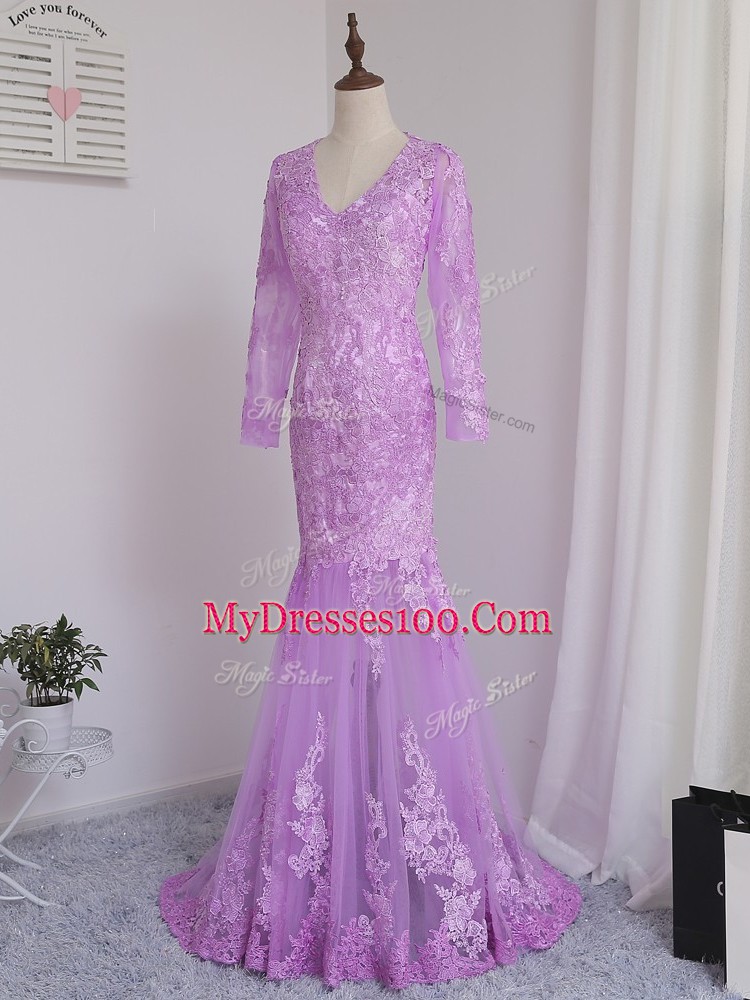 Latest Tulle V-neck Long Sleeves Brush Train Side Zipper Lace and Appliques Mother of Groom Dress in Lilac