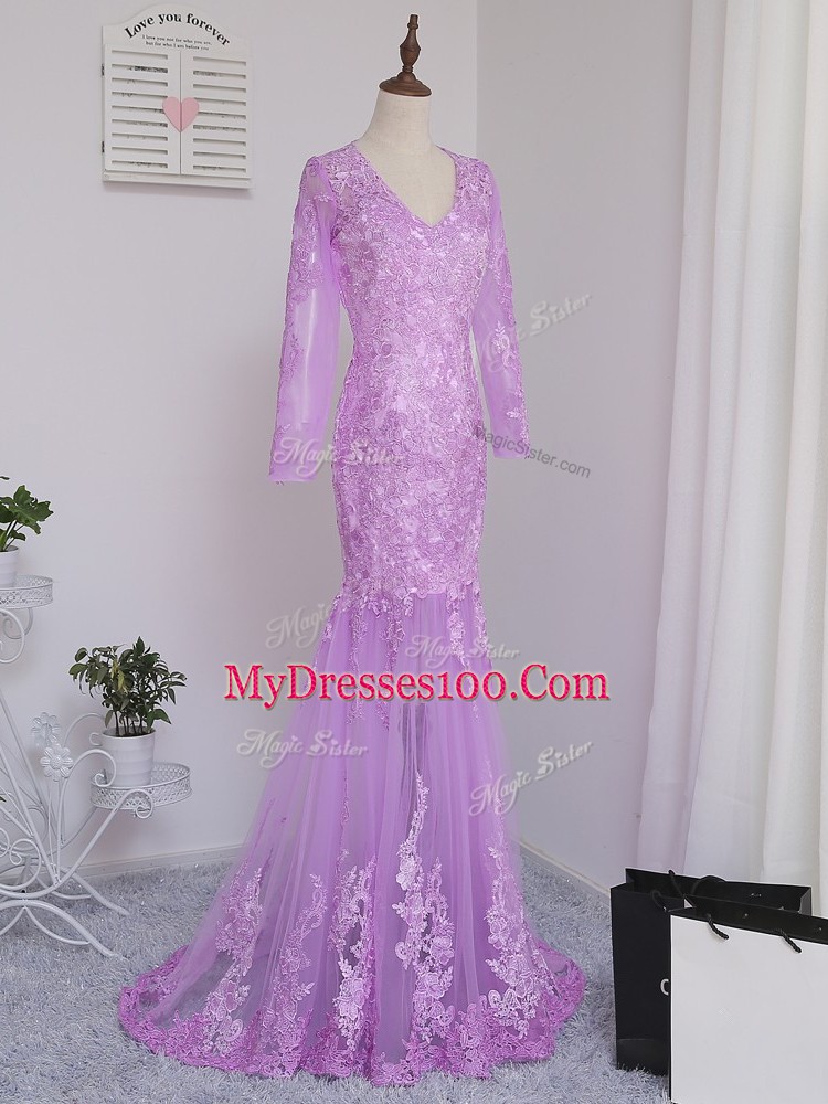 Latest Tulle V-neck Long Sleeves Brush Train Side Zipper Lace and Appliques Mother of Groom Dress in Lilac