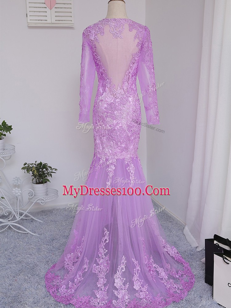 Latest Tulle V-neck Long Sleeves Brush Train Side Zipper Lace and Appliques Mother of Groom Dress in Lilac