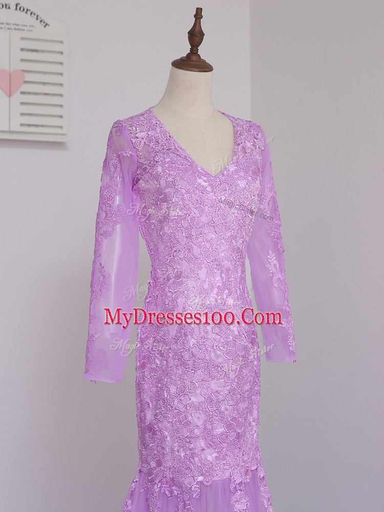 Latest Tulle V-neck Long Sleeves Brush Train Side Zipper Lace and Appliques Mother of Groom Dress in Lilac