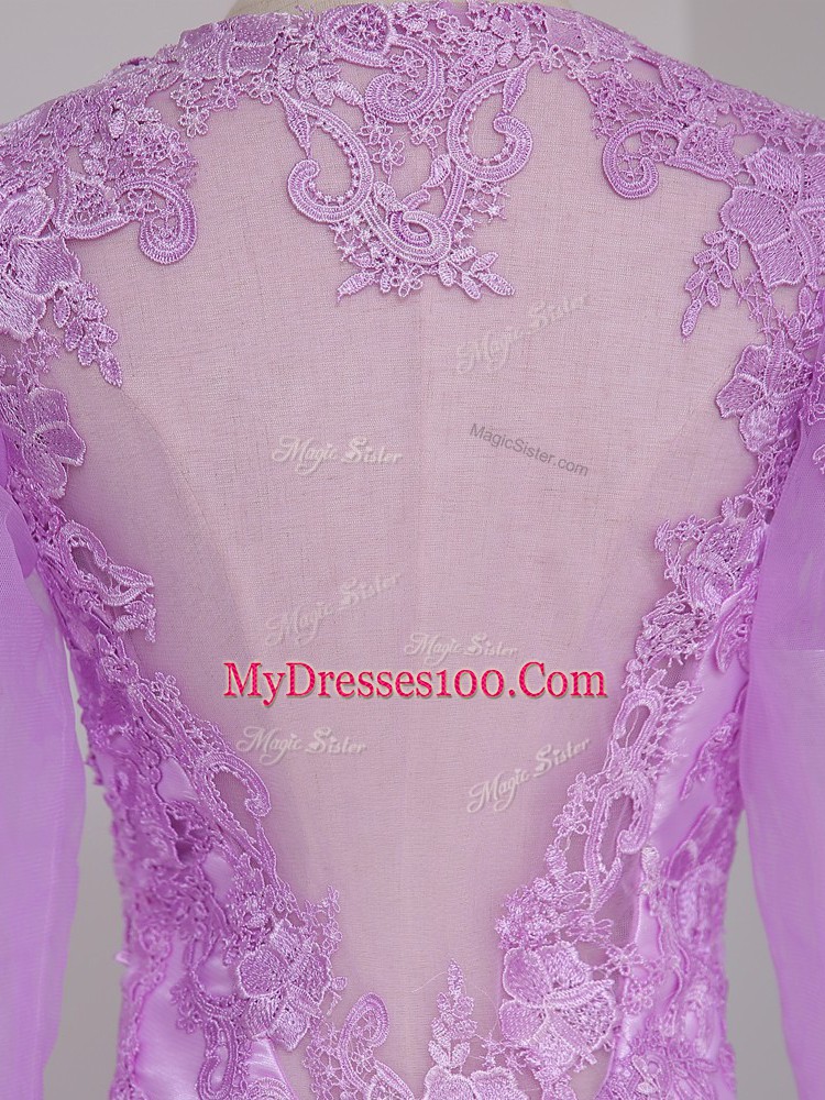 Latest Tulle V-neck Long Sleeves Brush Train Side Zipper Lace and Appliques Mother of Groom Dress in Lilac