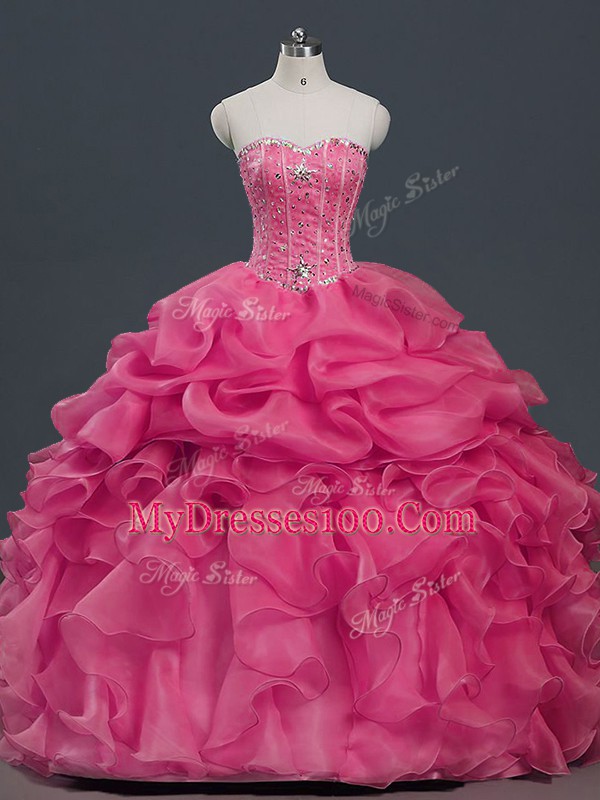 Edgy Sleeveless Organza Floor Length Lace Up Quince Ball Gowns in Hot Pink with Beading and Ruffles and Pick Ups