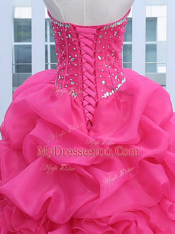 Edgy Sleeveless Organza Floor Length Lace Up Quince Ball Gowns in Hot Pink with Beading and Ruffles and Pick Ups