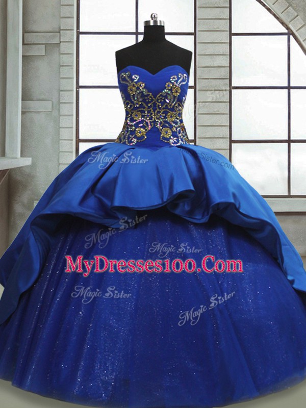 Satin and Tulle Sleeveless Sweet 16 Dress Sweep Train and Beading and Appliques