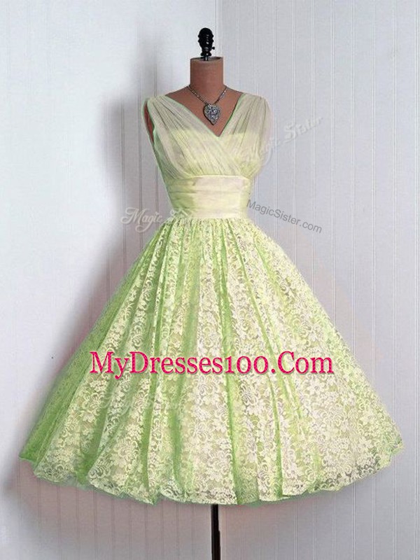 Stunning Yellow Green A-line Lace Bridesmaid Dress Lace Up Lace Sleeveless Mini Length