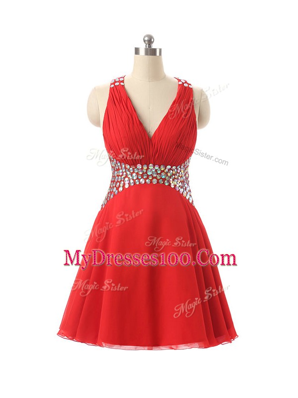 Custom Designed Red V-neck Neckline Beading Party Dress Wholesale Sleeveless Criss Cross