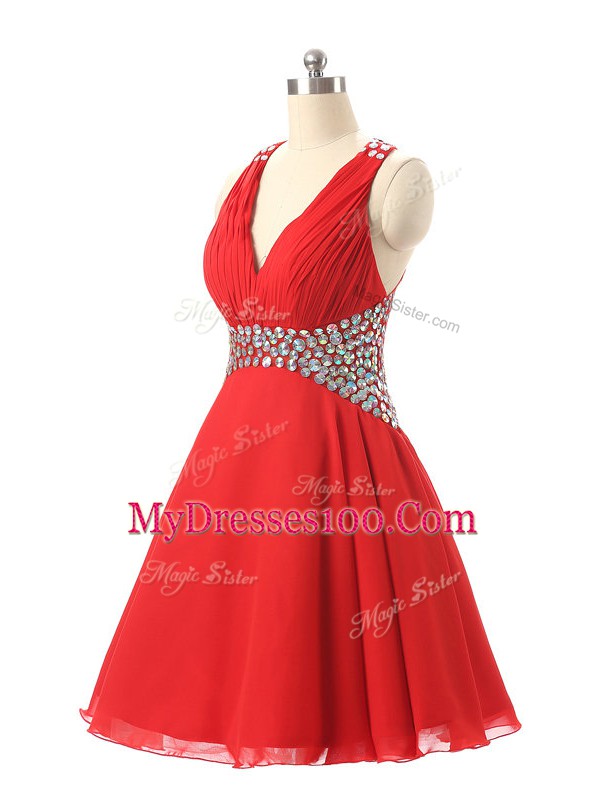 Custom Designed Red V-neck Neckline Beading Party Dress Wholesale Sleeveless Criss Cross
